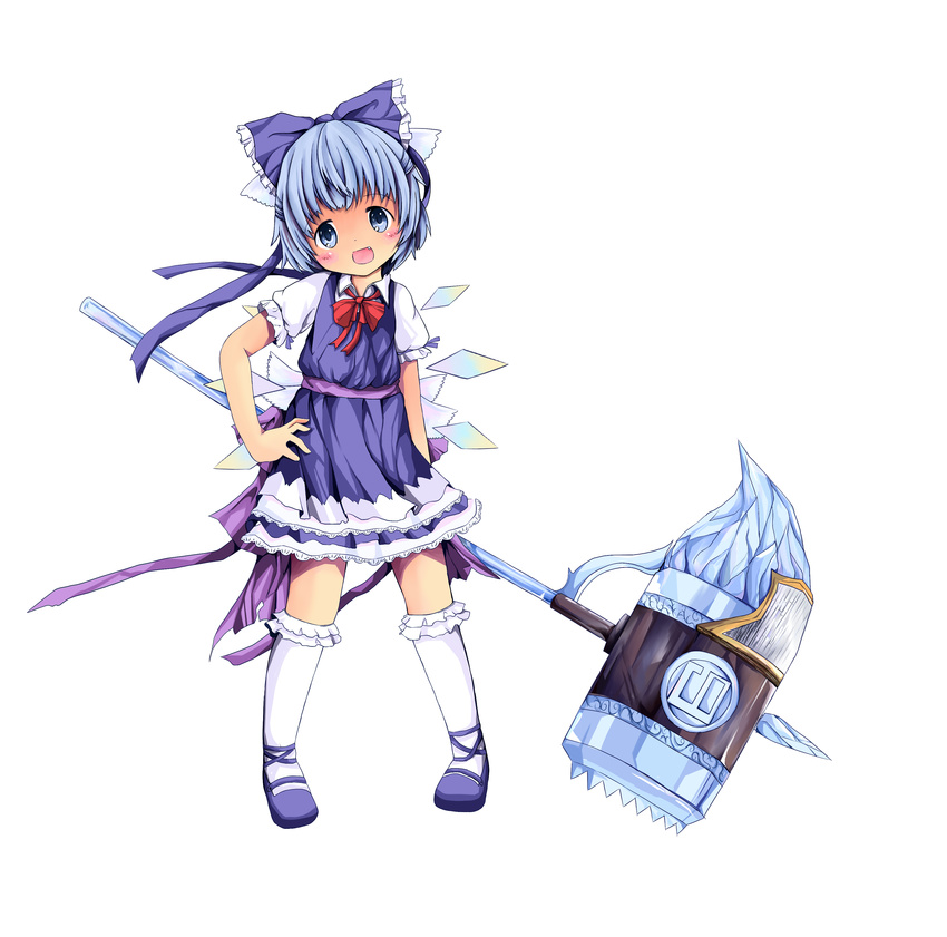 1girl absurdres bad_id bad_pixiv_id blue_eyes blue_hair blue_skirt blush bow bowtie cirno dress_shirt fang frilled_legwear hair_bow hand_on_hip highres huge_weapon ice kneehighs mallet mary_janes sakuraba_hikaru_(loveindog) sash shirt shoes short_hair skirt smile solo standing touhou weapon white_legwear wings yousei_daisensou