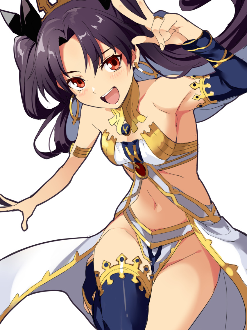 1girl bangs bare_shoulders black_bow black_hair black_sleeves bow breasts cleavage collar detached_collar detached_sleeves earrings eyebrows_visible_through_hair fate/grand_order fate_(series) hair_bow hakka_(88hk88) highres hoop_earrings ishtar_(fate/grand_order) jewelry long_hair long_sleeves navel open_mouth red_eyes simple_background single_detached_sleeve single_thighhigh small_breasts smile solo thighhighs tiara two_side_up very_long_hair white_background