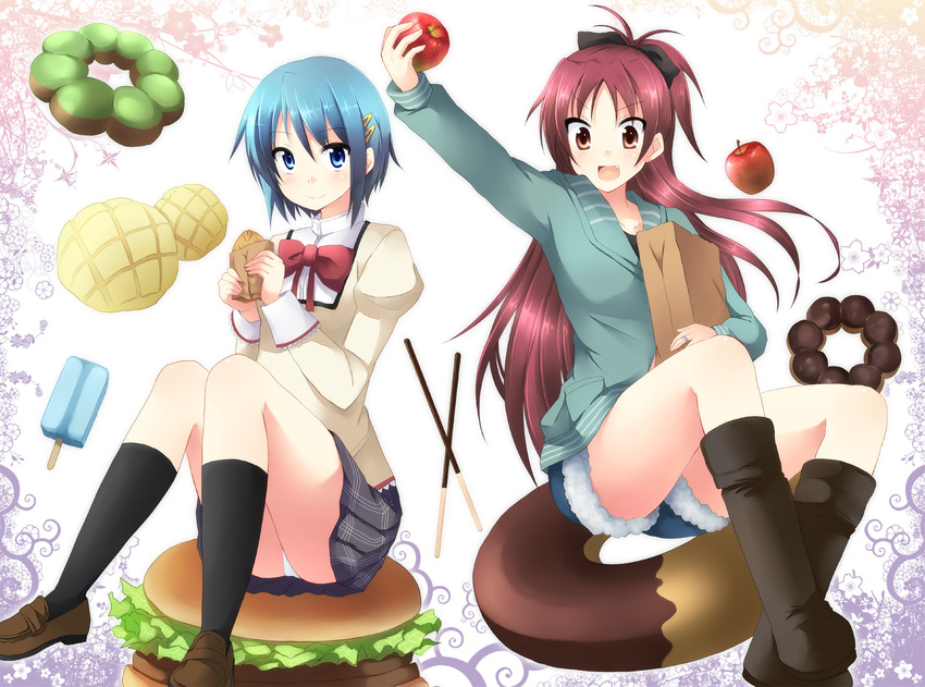 apple food fruit inui_nagi long_hair mahou_shoujo_madoka_magica miki_sayaka mitakihara_school_uniform multiple_girls ponytail sakura_kyouko school_uniform short_hair