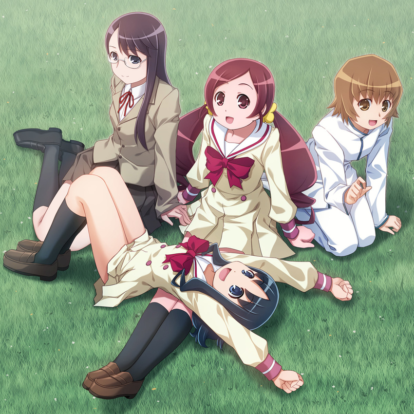 blue_eyes blue_hair brown_eyes brown_hair glasses grass hanasaki_tsubomi heartcatch_precure! highres kneeling kurumi_erika long_hair lying multiple_girls myoudou_gakuen_high_school_uniform myoudou_gakuen_middle_school_uniform myoudouin_itsuki precure purple_hair red_eyes red_hair sayousuke school_uniform short_hair sitting tsukikage_yuri twintails