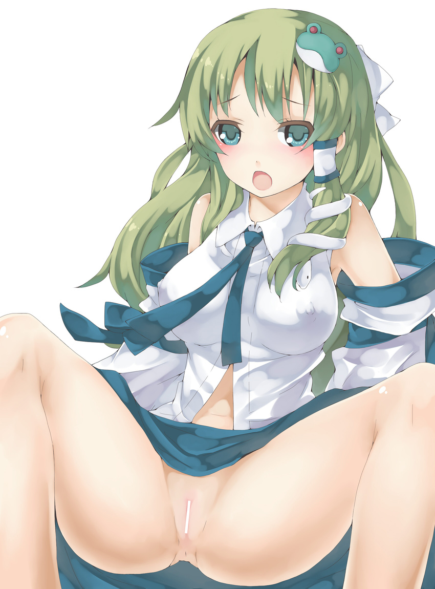 arutoria blush breasts censored covered_nipples green_eyes green_hair hair_ornament highres kochiya_sanae large_breasts long_hair no_panties non-web_source pussy skirt skirt_lift solo spread_legs touhou