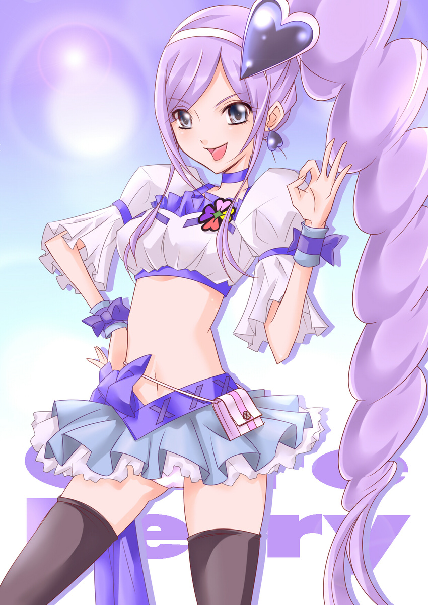 :d aono_miki bad_id bad_pixiv_id black_legwear blue_choker blue_eyes blue_skirt bow character_name choker cure_berry curly_hair earrings eyelashes fresh_precure! hair_ornament hairband hand_on_hip heart heart_hair_ornament highres jewelry kojikoji long_hair magical_girl midriff navel open_mouth panties ponytail precure purple_hair ribbon skirt smile solo thighhighs underwear very_long_hair wrist_cuffs