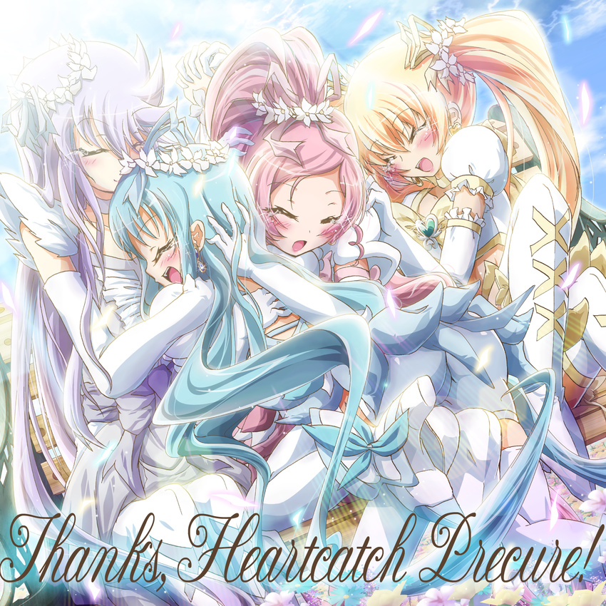 copyright_name cure_blossom cure_marine cure_moonlight cure_sunshine hanasaki_tsubomi happy heartcatch_precure! highres inoshishi_(ikatomo) kurumi_erika magical_girl multiple_girls myoudouin_itsuki precure super_silhouette_(heartcatch_precure!) thighhighs tsukikage_yuri