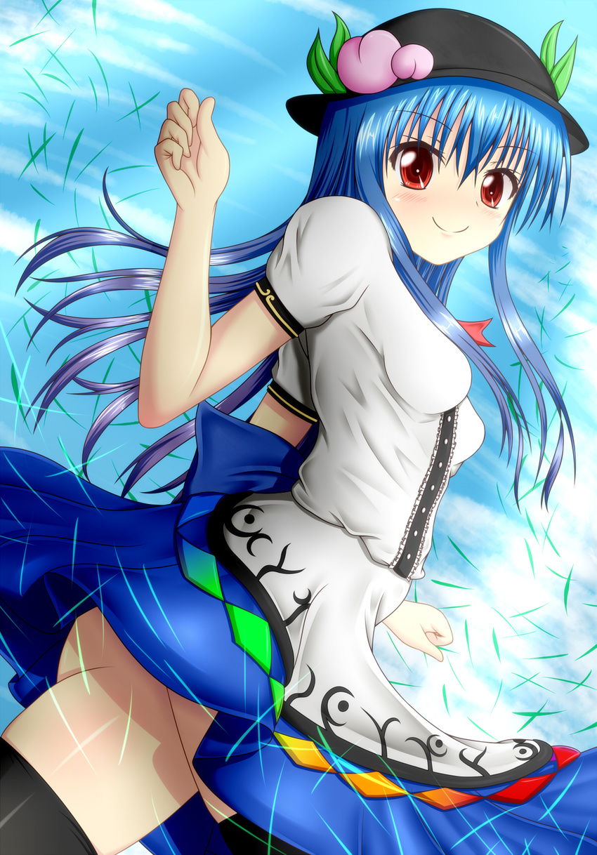 bad_id bad_pixiv_id blue_eyes hat highres hinanawi_tenshi long_hair no_panties red_eyes solo thighhighs toranashi touhou