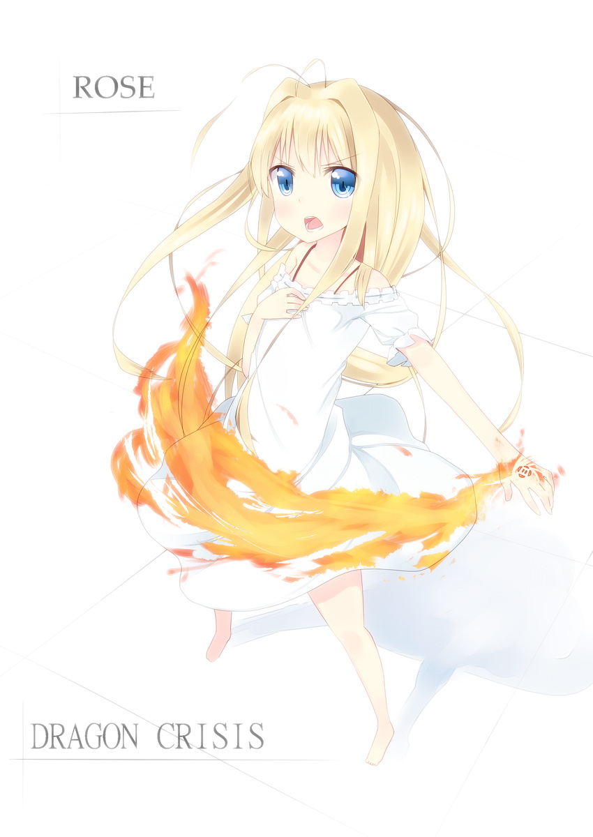 antenna_hair bare_legs barefoot blonde_hair blue_eyes blush dragon_crisis! dress fire foreshortening hand_on_own_chest highres long_hair open_mouth rose_(dragon_crisis!) solo tunamayochan very_long_hair