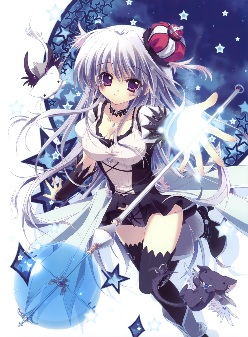 :3 absurdres black_legwear blush breasts cleavage hat highres izumi_tsubasu long_hair medium_breasts original purple_eyes scepter silver_hair smile solo star thighhighs wings