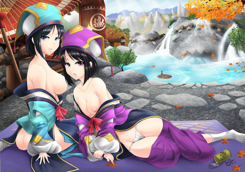 2girls black_hair blue_eyes blush breasts capcom hat highres konaha konaha_(monster_hunter) monster_hunter monster_hunter_portable_3rd multiple_girls purple_eyes receptionist sasayu sasayu_(monster_hunter) smile wyverian