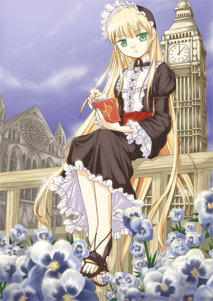 blonde_hair blue_sky book clock clock_tower cloud crazypen day feet flower gosick gothic_lolita green_eyes hairband highres lolita_fashion long_hair sandals sky solo tower tsurime very_long_hair victorica_de_blois