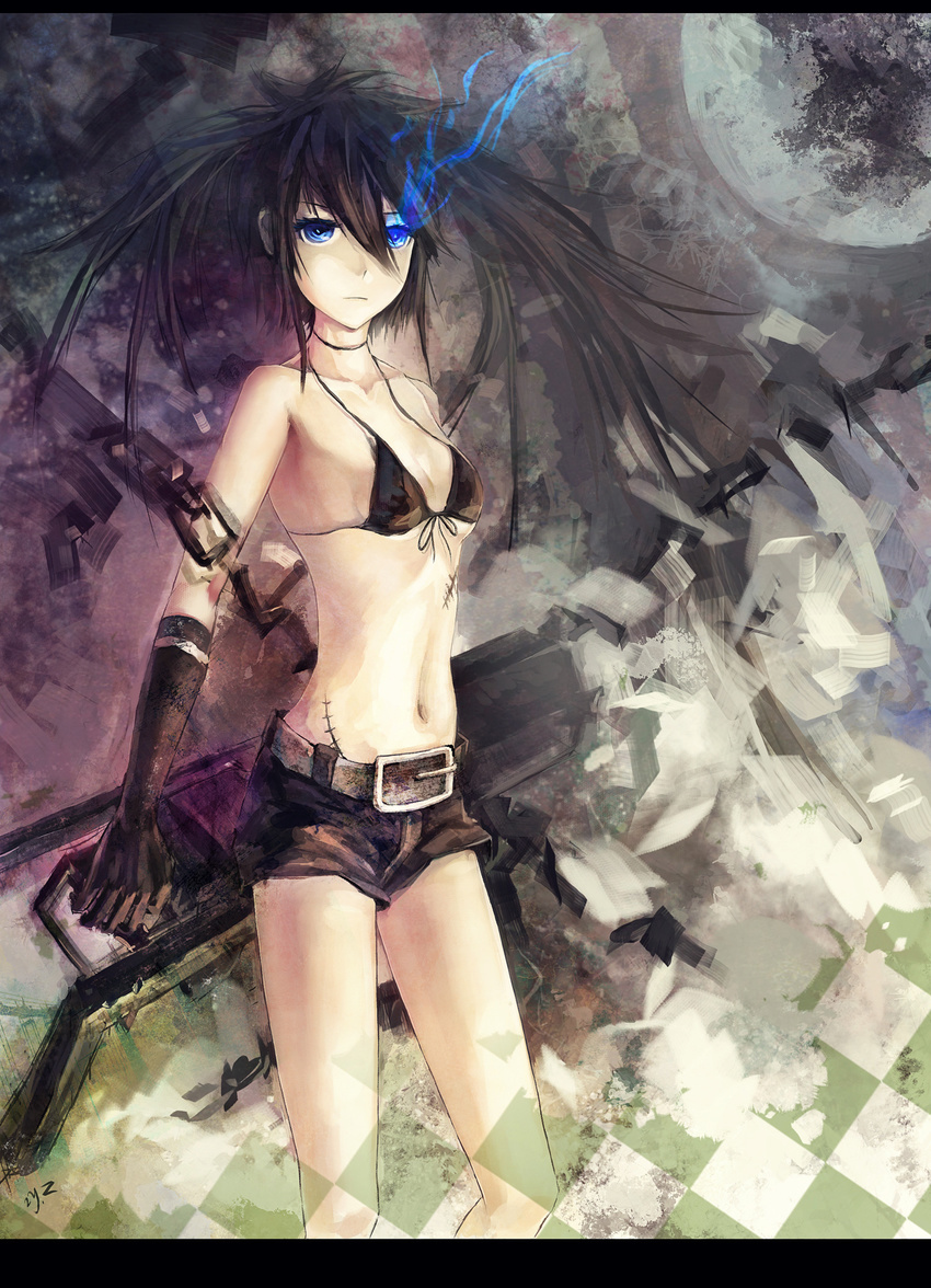 2y.x belt bikini_top black_hair black_rock_shooter black_rock_shooter_(character) blue_eyes burning_eye chain gloves highres long_hair scar shorts solo twintails uneven_twintails weapon