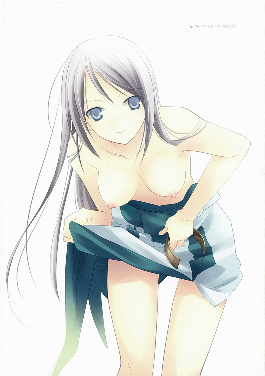 armpits avril_vent_fleur bare_shoulders blue_eyes breasts doujinshi dress highres jewelry leaning long_hair medium_breasts nanami_yasuna nipples pale_skin scan simple_background smile solo white_background white_hair wild_arms wild_arms_5