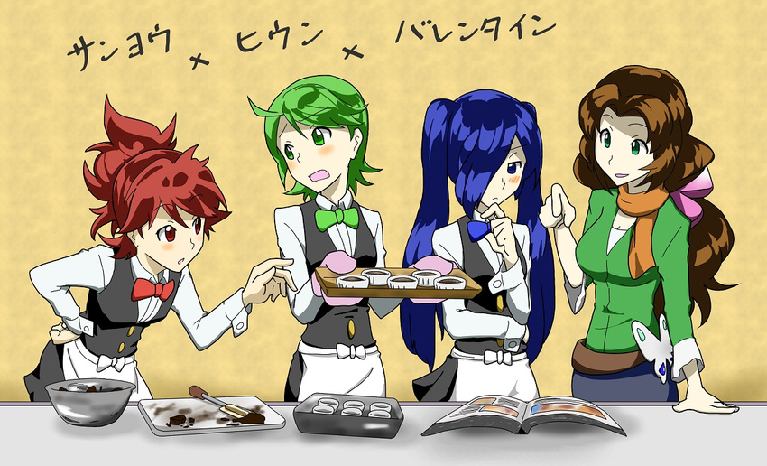 4girls ahoge apron arty_(pokemon) belt blue_eyes blue_hair blush bow bowtie breasts brown_hair bust cooking corn_(pokemon) dent_(pokemon) everyone female frown genderswap green_eyes green_hair group gym_leader hair_bow hair_over_one_eye large_breasts long_hair multiple_girls necktie open_mouth pod_(pokemon) pokemon pokemon_(game) pokemon_black_and_white pokemon_bw ponytail red_eyes red_hair scarf short_hair siblings smile tie twintails upper_body waitress