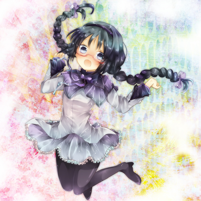 akemi_homura bad_id bad_pixiv_id black_hair blue_eyes braid glasses hairband highres jumping long_hair magical_girl mahou_shoujo_madoka_magica mizumori_(xcllcx) open_mouth pantyhose red-framed_eyewear solo spoilers twin_braids