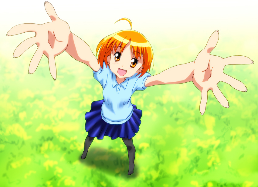 ahoge diesel-turbo fingernails foreshortening from_above grass oniichan_no_koto_nanka_zenzen_suki_janain_dakara_ne!! orange_eyes orange_hair pantyhose reaching skirt solo takanashi_nao