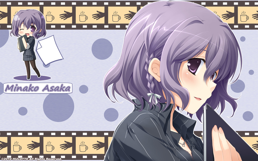 chibi ikegami_akane minako_asaka purple_eyes purple_hair short_hair with_ribbon