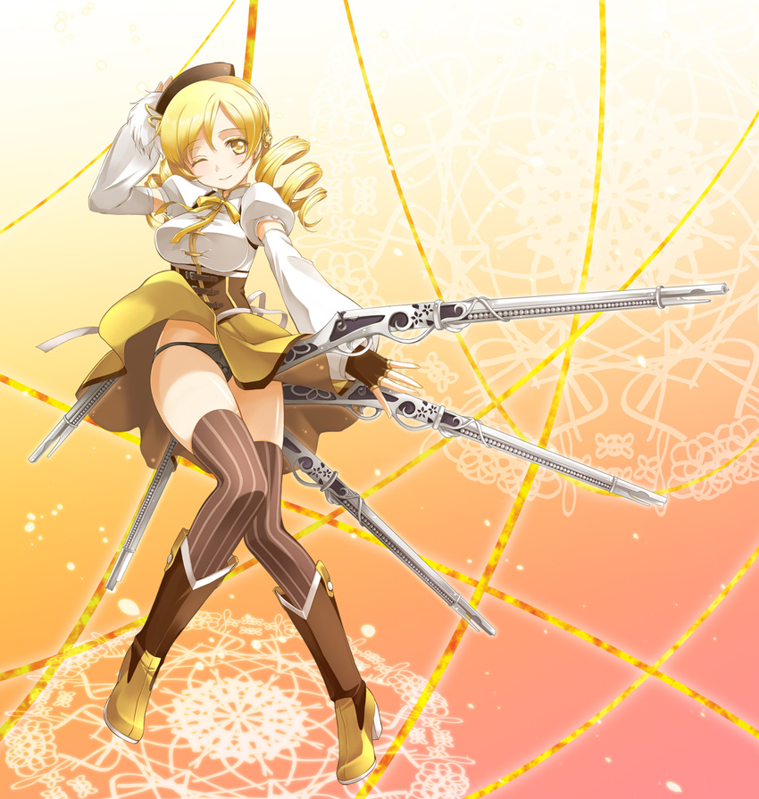 beret black_panties blonde_hair boots corset detached_sleeves drill_hair fingerless_gloves gloves gun hat highres magical_girl mahou_shoujo_madoka_magica mytyl one_eye_closed panties pantyshot rifle skirt skirt_lift smile solo thighhighs tomoe_mami twin_drills twintails underwear weapon yellow_eyes