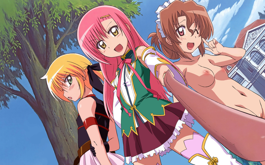 3girls blonde_hair blush breasts brown_hair cosplay fate_testarossa hayate_no_gotoku! highres katsura_hinagiku long_hair lyrical_nanoha mahou_shoujo_lyrical_nanoha maria maria_(hayate_no_gotoku!) multiple_girls naked nipples nude nude_filter photoshop pink_hair pussy sanzen'in_nagi sanzenin_nagi smile uncensored wink yellow_eyes