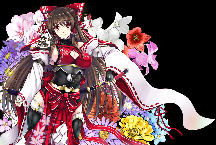 adapted_costume armor armored_dress bad_id bad_pixiv_id bow breasts brown_hair cleavage cleavage_cutout cosplay detached_sleeves error floral_background flower hair_bow hair_ornament hair_tubes hairpin hakurei_reimu highres large_breasts long_hair mugenshiki obi red_eyes sash sendai_hakurei_no_miko sendai_hakurei_no_miko_(cosplay) sideboob smile solo sword thighhighs touhou weapon yin_yang