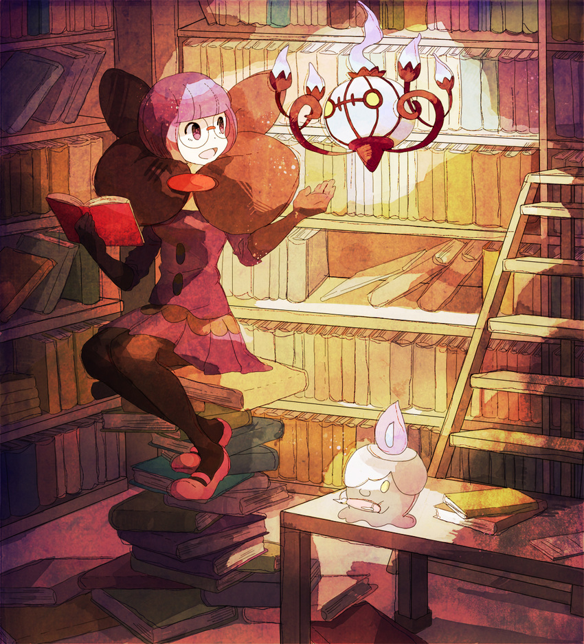 bad_id bad_pixiv_id bangs blunt_bangs bob_cut book book_stack bookshelf chandelure dress elbow_gloves fire gen_5_pokemon glasses gloves highres ladder library litwick mary_janes mocha_(mokaapolka) open_mouth pantyhose pen pink_fire pokemon pokemon_(creature) pokemon_(game) pokemon_bw purple_eyes purple_hair purple_skirt red_footwear room shikimi_(pokemon) shoes short_hair sitting skirt smile