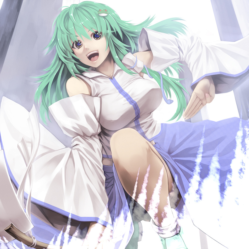 :d bare_shoulders black_eyes breasts detached_sleeves gohei green_hair hair_ornament highres huge_breasts kochiya_sanae long_hair md5_mismatch open_mouth pose smile solo text_in_eyes touhou tro