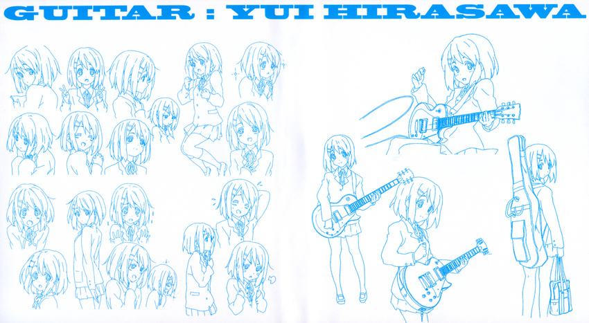 artist_request character_name electric_guitar full_body guitar highres hirasawa_yui instrument k-on! long_sleeves multiple_views school_uniform short_hair simple_background skirt standing upper_body white_background