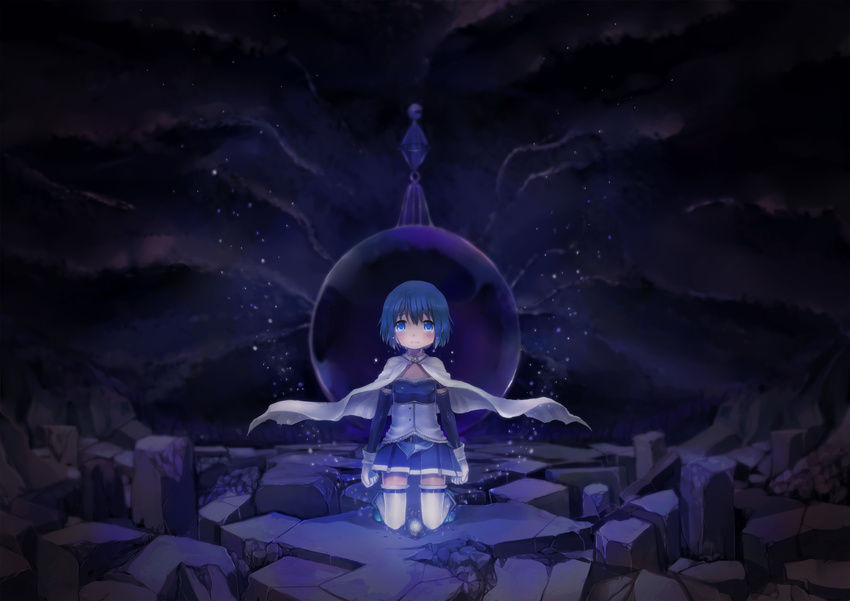 bad_id bad_pixiv_id blue_eyes blue_hair broken_ground cape dark gloves grief_seed highres kneeling magical_girl mahou_shoujo_madoka_magica miki_sayaka short_hair solo soul_gem spoilers stone suzushiro_sayu tears thighhighs white_gloves white_legwear