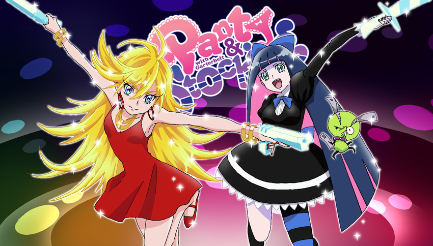 back_lace chuck chuck_(psg) gun panty_&amp;_stocking_with_garterbelt panty_(character) panty_(psg) smile stocking_(character) stocking_(psg) stripes_i_&amp;_ii sword weapon