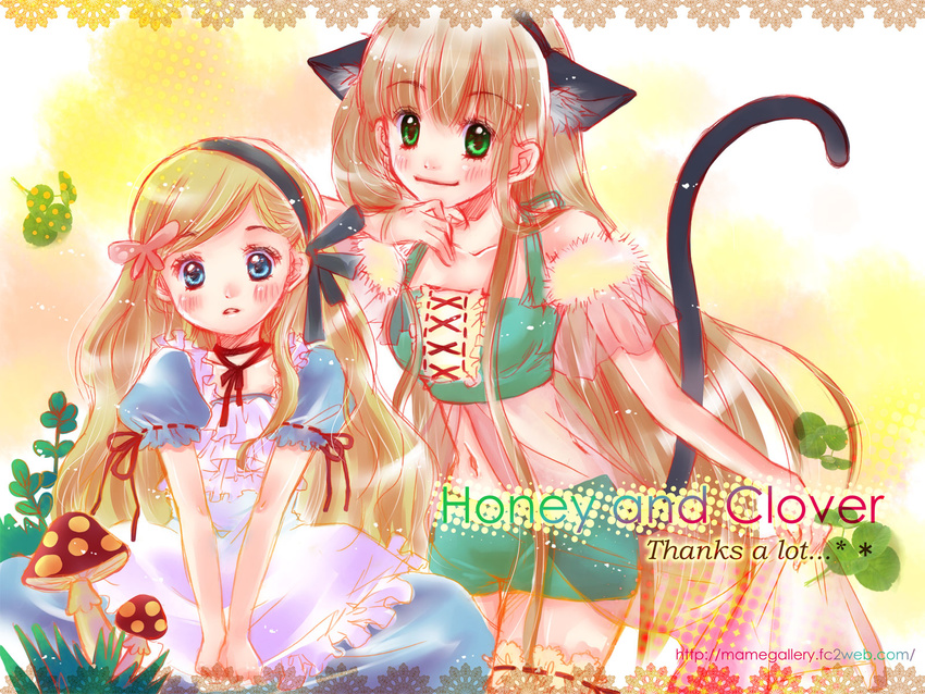 animal_ears apron blonde_hair blue_eyes blush cat_ears cat_tail clover dress fake_animal_ears green_eyes hair_ornament hair_ribbon hanamoto_hagumi highres honey_and_clover long_hair multiple_girls mushroom navel ribbon tail wavy_hair yamada_ayumi yuuki_sara