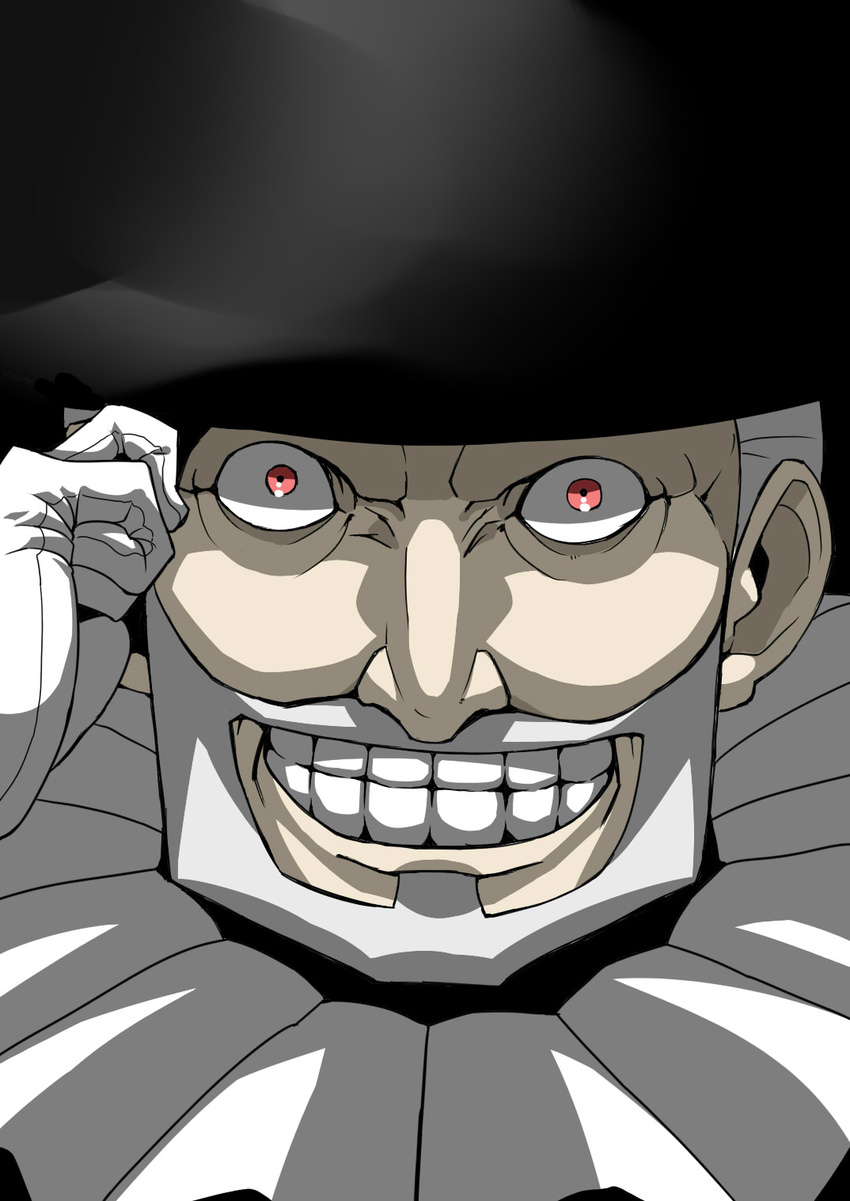 beard close-up cowboy_bebop crazy crazy_eyes crazy_smile facial_hair gloves grin hat hat_tip highres mad_pierrot male_focus mustache neck_ruff old_man red_eyes shaded_face smile solo teeth top_hat tsuki_wani white_gloves white_hair