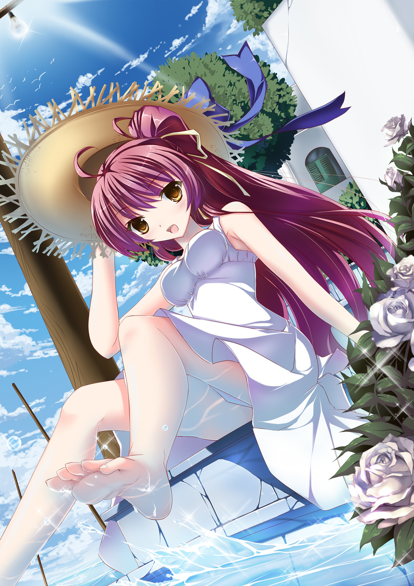 absurdres ahoge bad_id bad_pixiv_id barefoot blush cloud day dress dutch_angle feet flower from_below hand_on_headwear hat highres kaho_okashii legs long_hair open_mouth original purple_hair rose sitting sky soles solo splashing straw_hat sundress toes water white_flower white_rose