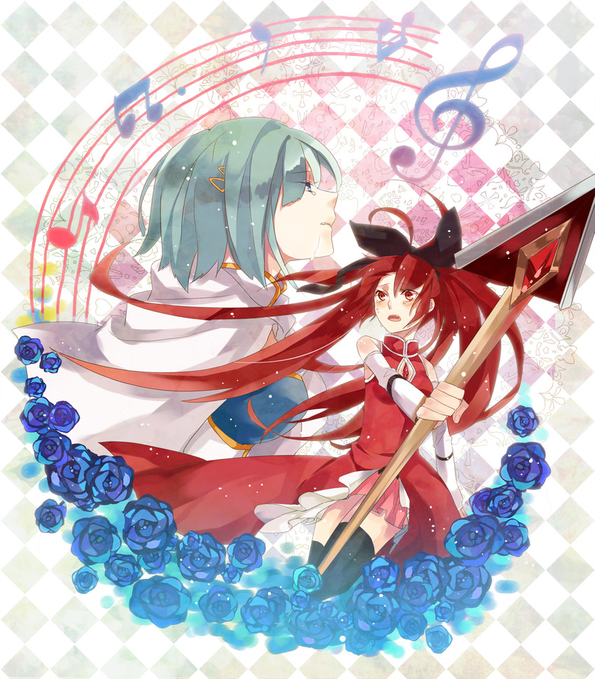 argyle argyle_background bad_id bad_pixiv_id bare_shoulders beamed_eighth_notes beamed_sixteenth_notes black_legwear blue_flower blue_hair blue_rose detached_sleeves eighth_note flower hair_ornament hairclip highres long_hair magical_girl mahou_shoujo_madoka_magica miki_sayaka multiple_girls musical_note open_mouth polearm ponytail quarter_note red_eyes red_hair rose sakura_kyouko short_hair spear staff_(music) tears thighhighs tian_daoling treble_clef weapon zettai_ryouiki