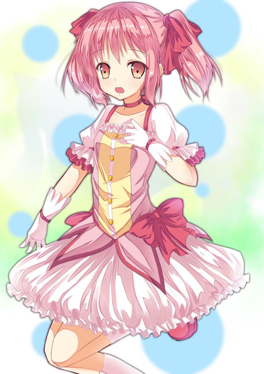 amemiya_ruki bow choker flat_chest frills gloves hair_ribbon highres kaname_madoka kneehighs mahou_shoujo_madoka_magica open_mouth pink_eyes pink_hair red_choker ribbon short_twintails skirt solo twintails