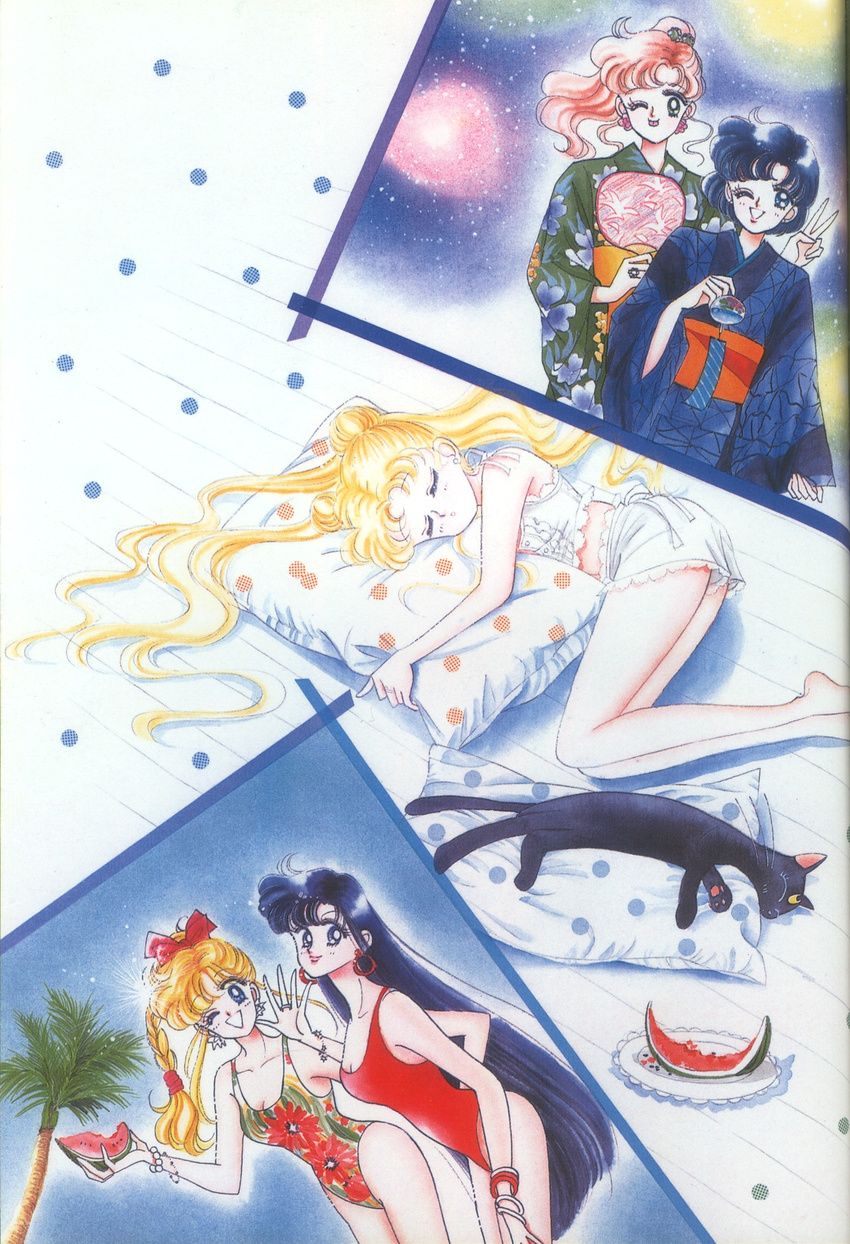 aino_minako bishoujo_senshi_sailor_moon highres hino_rei japanese_clothes kimono kino_makoto lingerie luna_(sailor_moon) mizuno_ami official_art one-piece_swimsuit one_piece_swimsuit pillow pillow_hug sleeping swimsuit takeuchi_naoko tsukino_usagi underwear