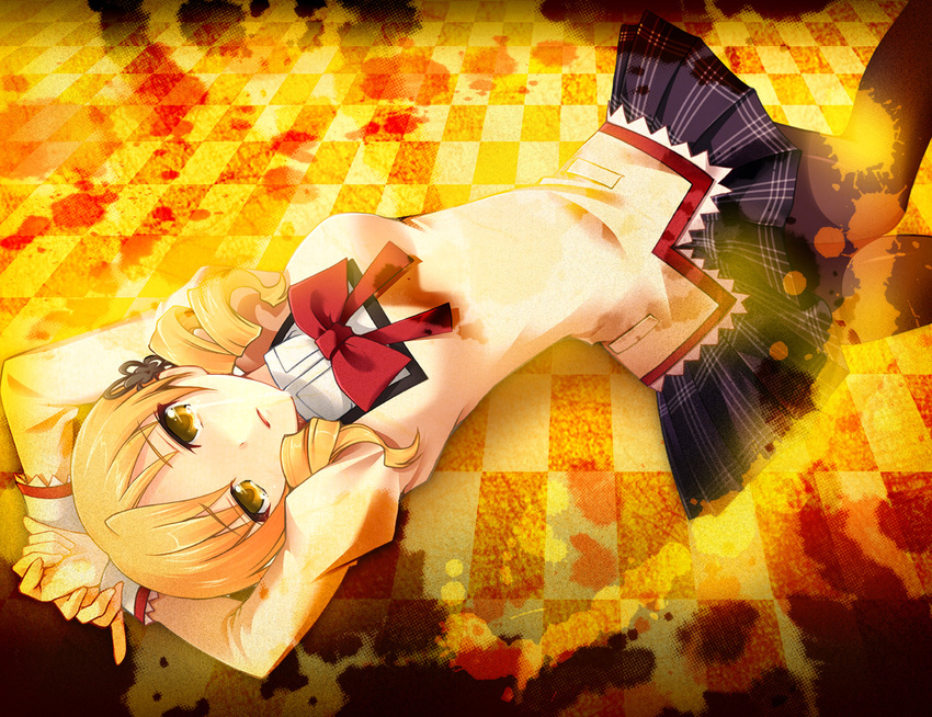 arms_behind_head arms_up black_legwear blonde_hair checkered checkered_floor drill_hair gunp looking_at_viewer lying mahou_shoujo_madoka_magica on_back pantyhose school_uniform skirt solo stain tears tomoe_mami twin_drills twintails yellow_eyes