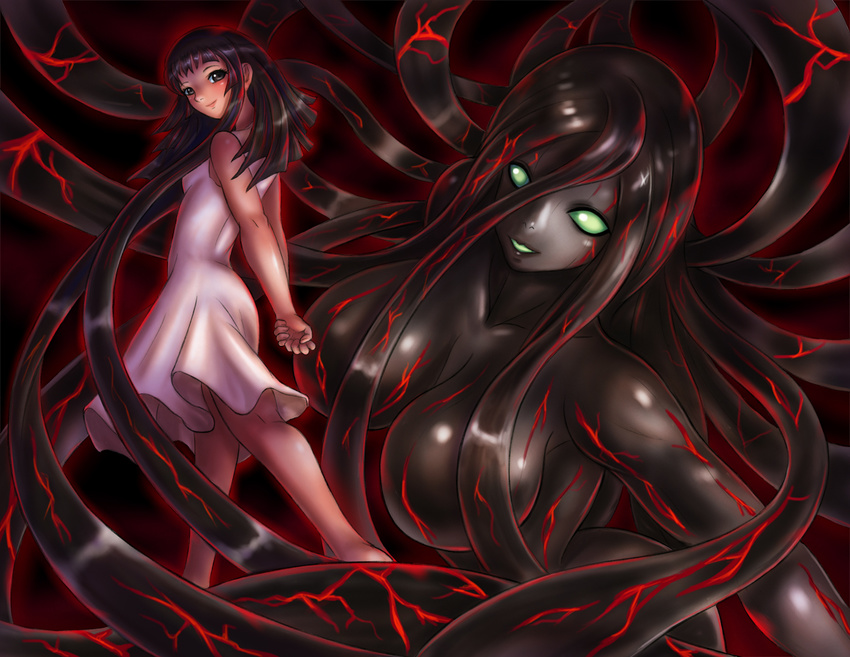 black_hair boken_fantasy breasts claymore dress dual_persona green_eyes medium_breasts monster_girl riful strip_hair