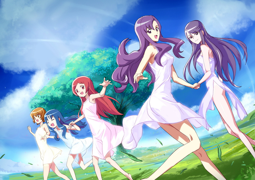 ass bare_legs blue_eyes blue_hair breasts brown_eyes brown_hair closed_eyes dress hanasaki_tsubomi happy heartcatch_precure! holding_hands kurumi_erika kurumi_momoka makacoon medium_breasts multiple_girls myoudouin_itsuki no_panties open_mouth precure purple_eyes purple_hair red_eyes red_hair running see-through short_hair side_slit small_breasts sundress tree tsukikage_yuri