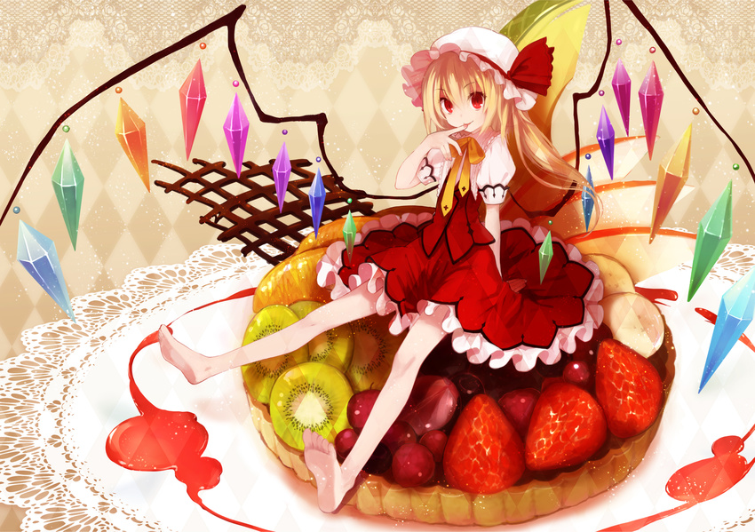 adapted_costume argyle argyle_background ascot bare_legs barefoot blonde_hair doily feet finger_to_mouth flandre_scarlet food fruit grapes hat highres in_food kiwifruit koto_(colorcube) lace_background minigirl orange red_eyes short_hair side_ponytail sitting smile solo strawberry syrup tart_(food) touhou wings