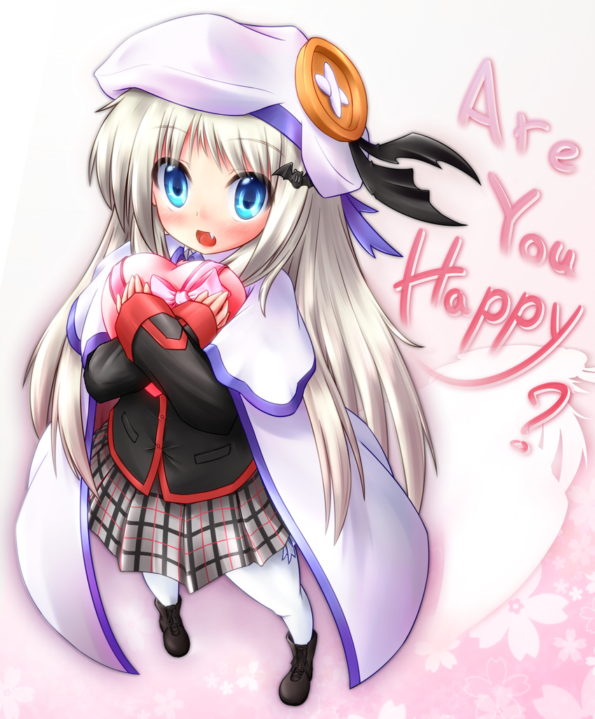 absurdres blue_eyes bow cape fang gift hat heart highres little_busters! long_hair noumi_kudryavka pink_bow plaid plaid_skirt school_uniform shirotoshi silver_hair skirt solo thighhighs twintails valentine