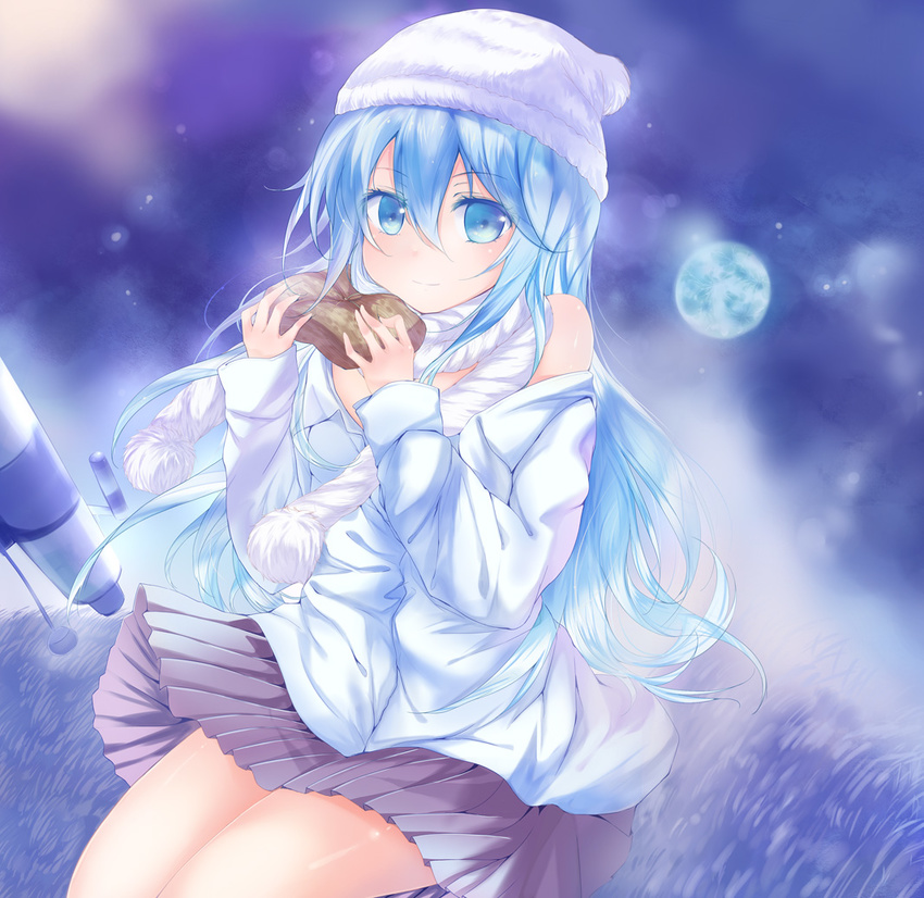 bad_id bad_pixiv_id bare_shoulders blue_eyes blue_hair denpa_onna_to_seishun_otoko legs long_hair moon off_shoulder open_clothes open_shirt scarf shirt sitting skirt solo telescope touwa_erio tsuzuri_(itosousou)