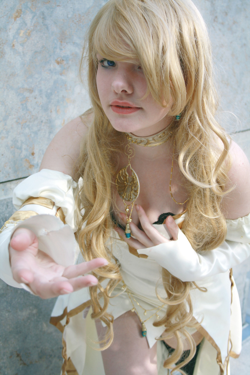blonde_hair cosplay highres long_hair photo real solo