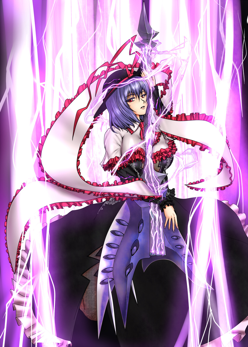 blue_hair capelet colored_eyelashes devil_may_cry dress electricity eyelashes frills guitar hat hat_ribbon highres instrument lightning nagae_iku nelo_anjuurou nevan_(weapon) parody red_eyes ribbon scarf short_hair side_slit solo touhou