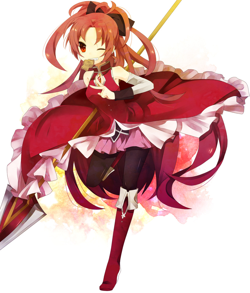 bad_id bad_pixiv_id bare_shoulders black_legwear boots detached_sleeves food full_body grin hair_ribbon highres mahou_shoujo_madoka_magica manio mouth_hold one_eye_closed polearm ponytail red_eyes red_hair ribbon sakura_kyouko simple_background smile solo spear standing standing_on_one_leg taiyaki thighhighs v wagashi weapon