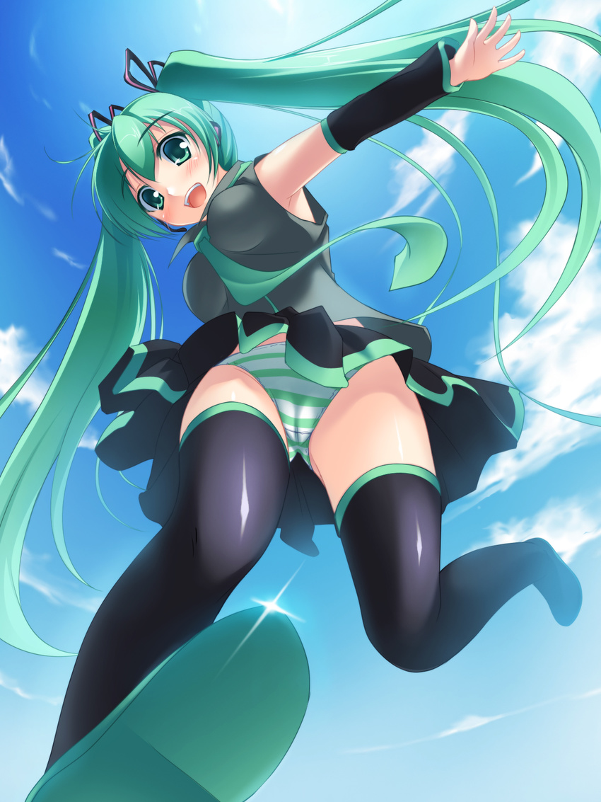 aqua_eyes aqua_hair blush day detached_sleeves from_below hatsune_miku headphones headset highres long_hair massan necktie open_mouth panties skirt sky smile solo striped striped_panties sun thighhighs twintails underwear vocaloid