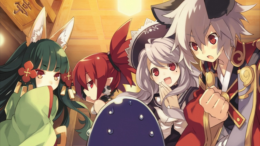 3girls albino animal_ears disgaea dog_ears earrings etna fox_ears green_hair grey_hair hair_ornament jewelry kanata_(trinity_universe) mole multiple_girls nippon_ichi official_art pamela_ibiss prinny red_eyes red_hair silver_hair trinity_universe tsubaki_(trinity_universe) tsunako