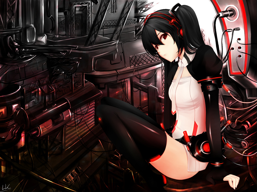 bad_id bad_pixiv_id black_hair boots cosplay hatsune_miku hatsune_miku_(append) hatsune_miku_(append)_(cosplay) headphones highres llc long_hair necktie red_eyes sitting solo thigh_boots thighhighs twintails very_long_hair vocaloid vocaloid_append zatsune_miku zatsune_miku_(append)