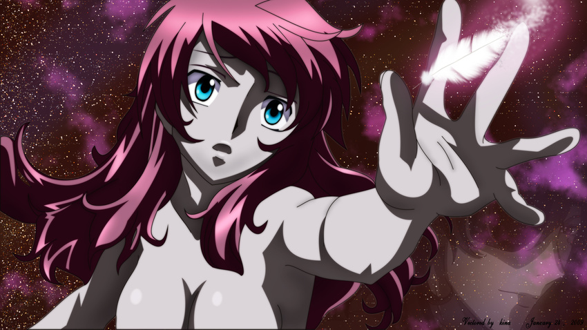 aqua_eyes cleavage feathers feldt_grace long_hair mobile_suit_gundam_00 pink_hair space stars topless