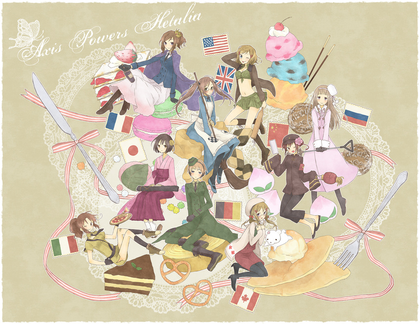 :p absurdres alcohol america_(hetalia) american_flag axis_powers_hetalia bow broom cake canada_(hetalia) canadian_flag candy checkerboard_cookie cherry china_(hetalia) cleaver cookie copyright_name crown cursive flag flower food fork france_(hetalia) french_flag fruit genderswap genderswap_(mtf) german_flag germany_(hetalia) hair_flower hair_ornament hat headphones highres holding_pizza ice_cream italian_flag jammy21 japan_(hetalia) japanese_clothes japanese_flag knife konpeitou macaron military military_uniform multiple_girls northern_italy_(hetalia) one_eye_closed people's_republic_of_china_flag pizza pocky pretzel ribbon russia_(hetalia) russian_flag sakura_mochi shovel tongue tongue_out uniform union_jack united_kingdom_(hetalia) wagashi wine