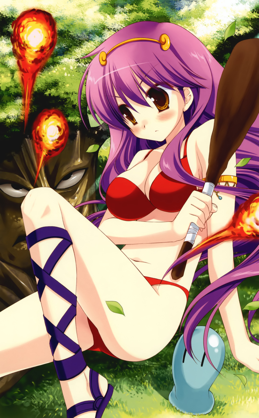 absurdres ankle_lace-up armlet athena_(series) bikini blush breasts circlet cleavage club cross-laced_footwear face fire grass hairband highres long_hair medium_breasts miyasu_risa princess_athena purple_hair red_bikini sandals sitting snk solo swimsuit tree very_long_hair weapon |_|