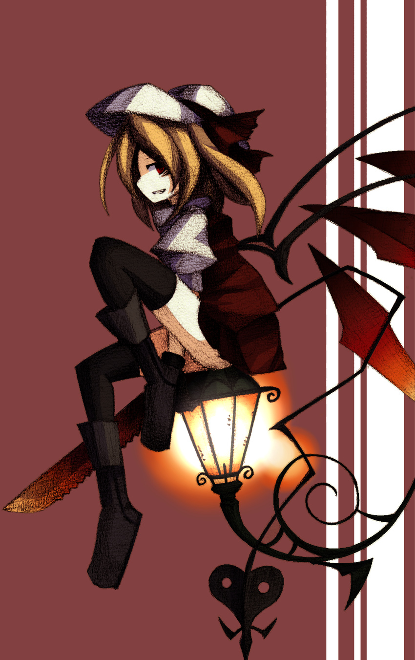 bad_id bad_pixiv_id black_legwear blonde_hair clair_(v0yance) faux_traditional_media flandre_scarlet grin hat highres lamp leg_lift profile red_eyes sitting smile solo thighhighs touhou wings