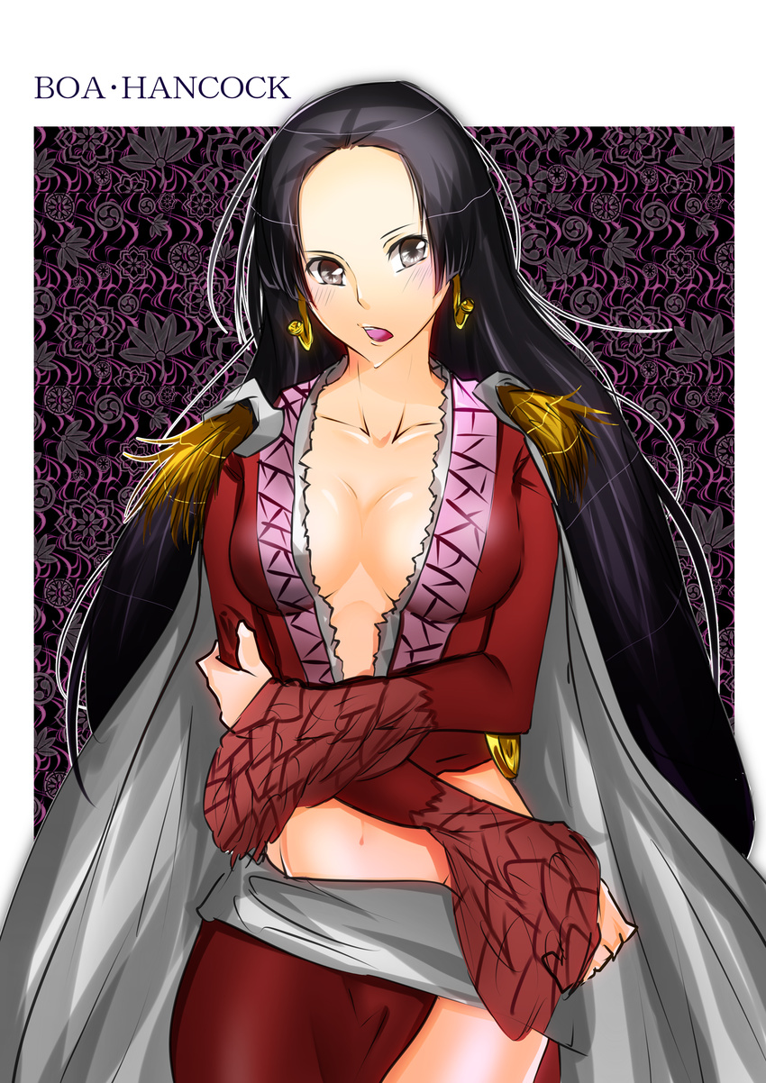 black_eyes black_hair blush boa_hancock breasts cape cleavage earrings highres jewelry large_breasts long_hair one_piece solo