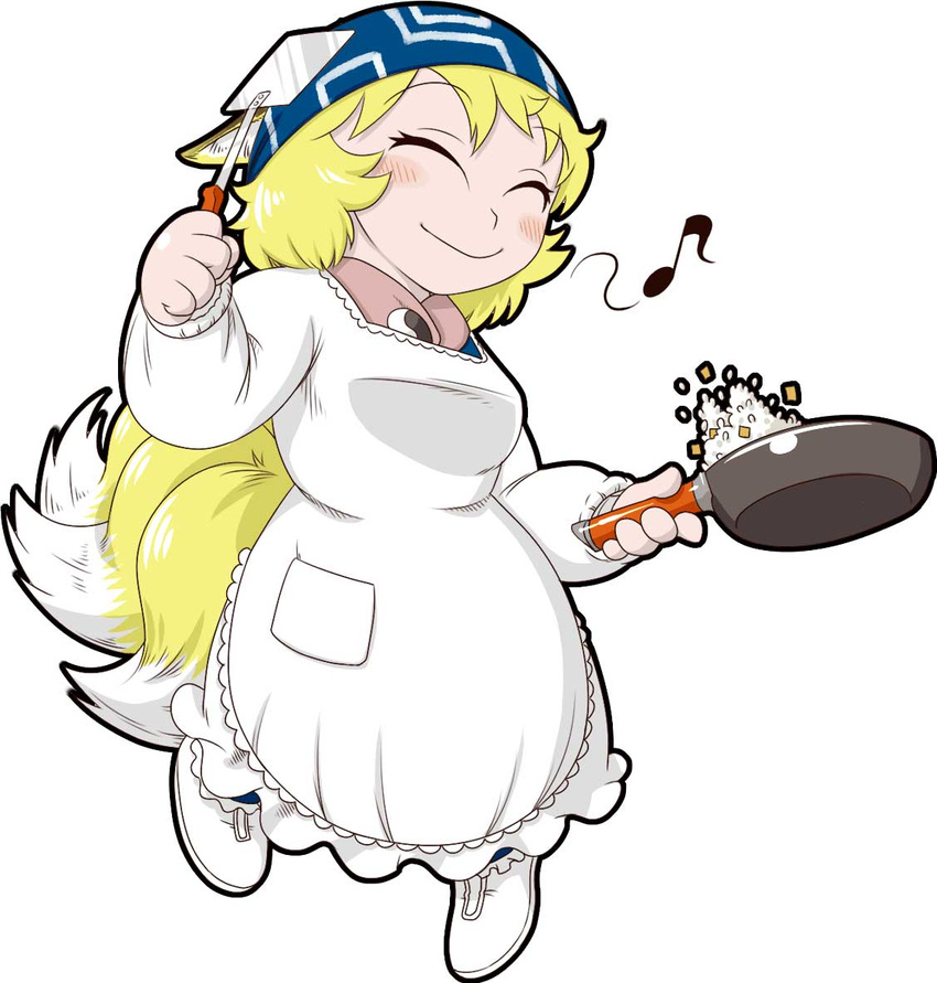 ^_^ animal_ears apron closed_eyes cooking fox_ears fox_tail frying_pan happy head_scarf kappougi leex multiple_tails musical_note rice short_hair smile solo tail touhou yakumo_ran